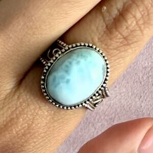 sterling silver beaded scroll blue larimar cabochon ring size 8.75